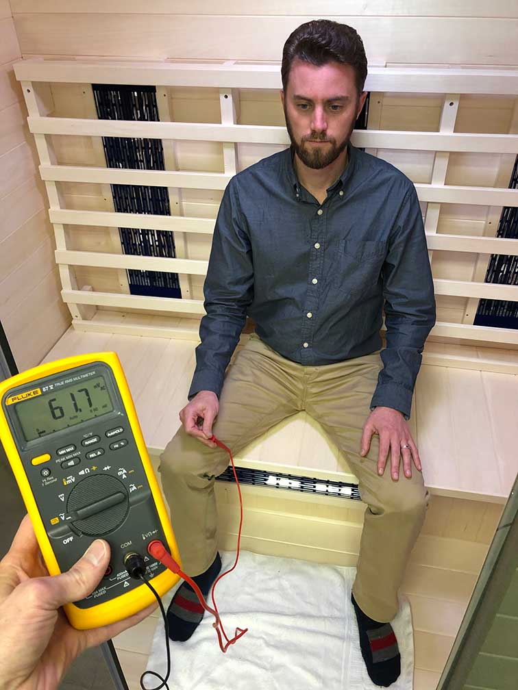 Body voltage measured inside TR-3 infrared sauna plugged in with the light on