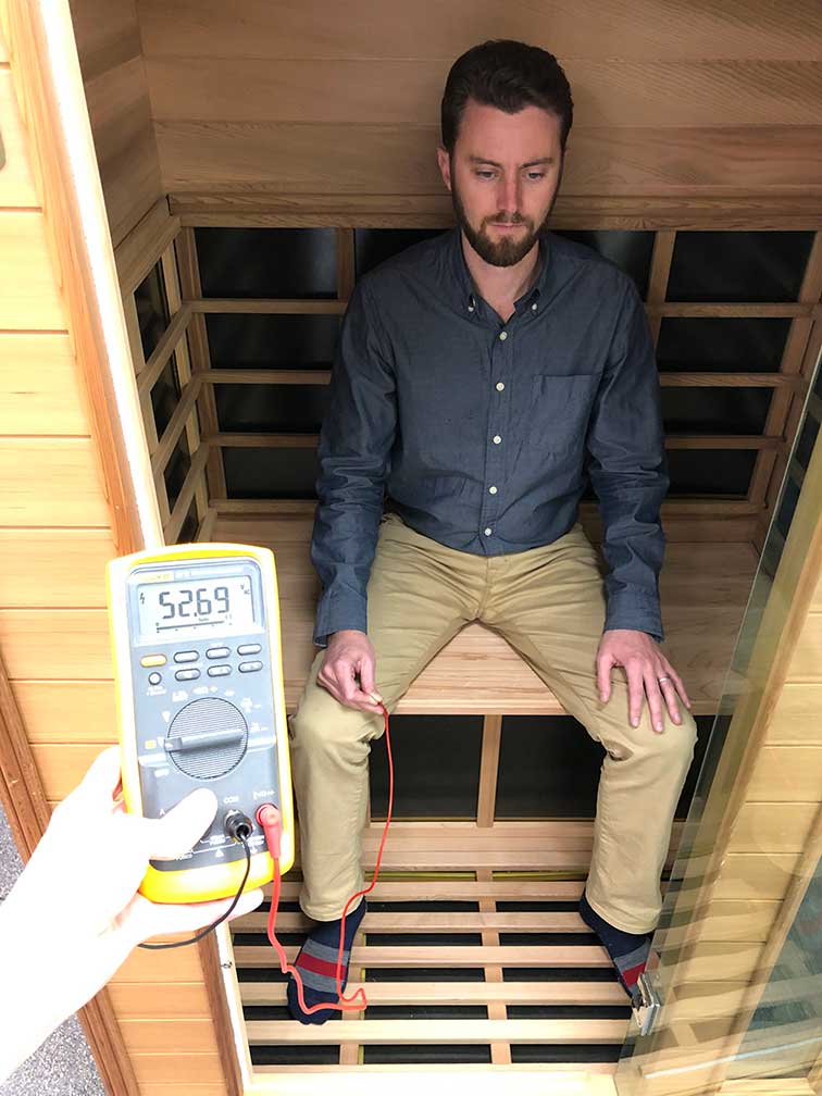 Body voltage measured in typical sauna with carbon heaters when sauna is plugged in