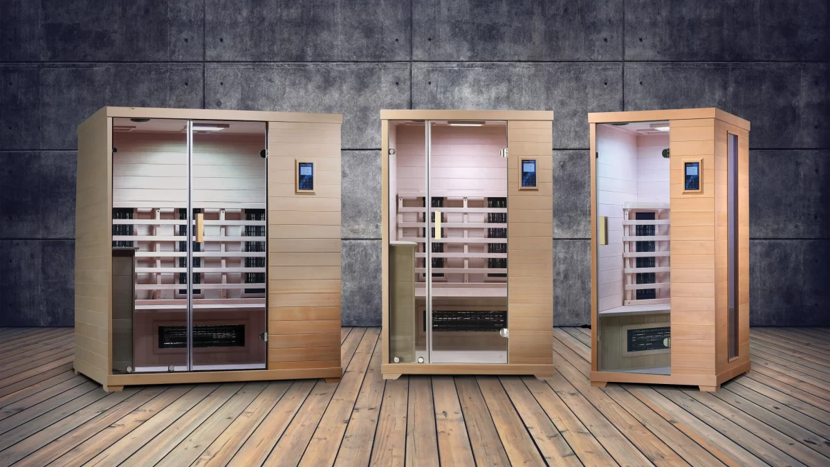 All 3 sizes of Transcend infrared saunas in Hemlock wood