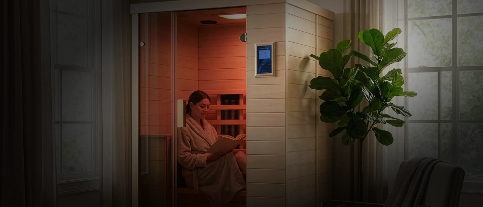 Woman relaxing in a TR2 Infrared Sauna reading a book