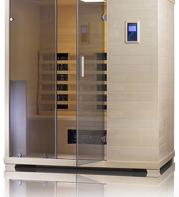 Transcend TR-3 infrared sauna in Poplar wood with the light on and the door open