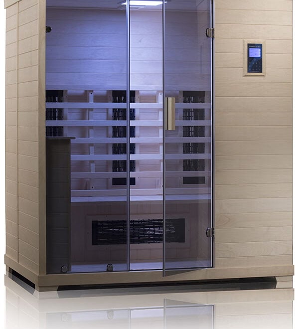 Transcend TR-3 infrared sauna in Poplar wood with the door open
