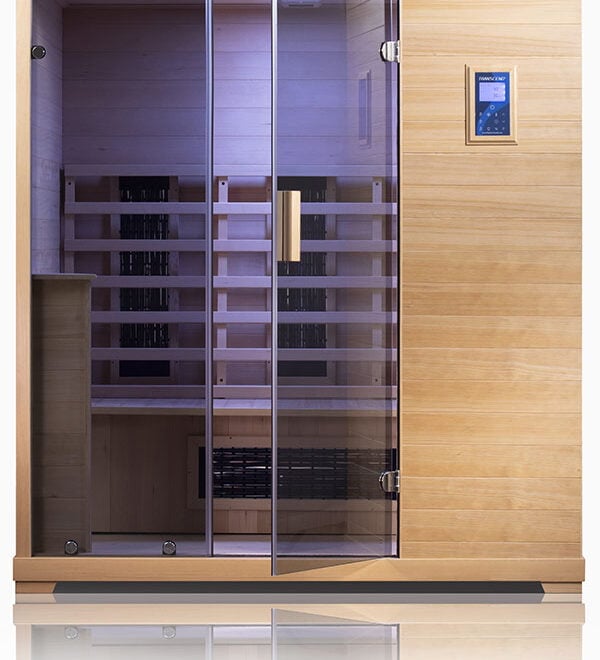 Transcend TR-3 infrared sauna in Hemlock wood with the door open