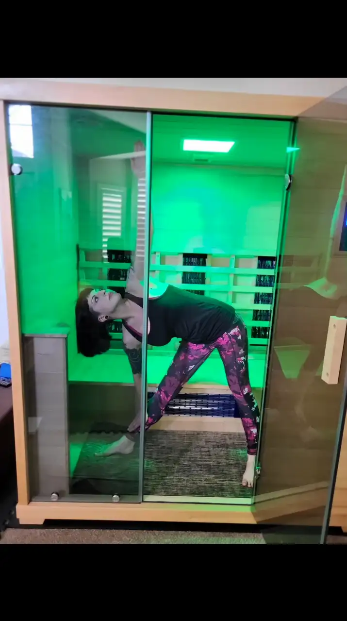 Hot yoga in a TR-3 Three Person infrared sauna