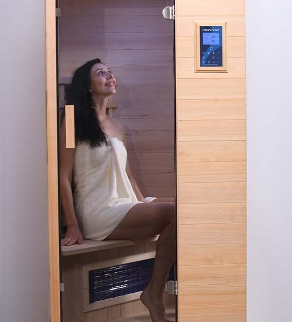 Woman inside the Transcend TR-1 Low EMF Infrared Sauna