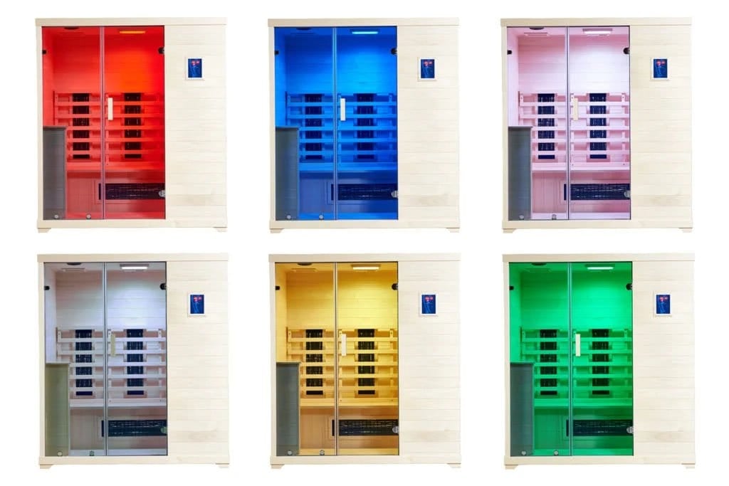 Transcend TR-3 infrared sauna with various chromotherapy lights on Transcend TR-3 infrared sauna with various chromotherapy lights on