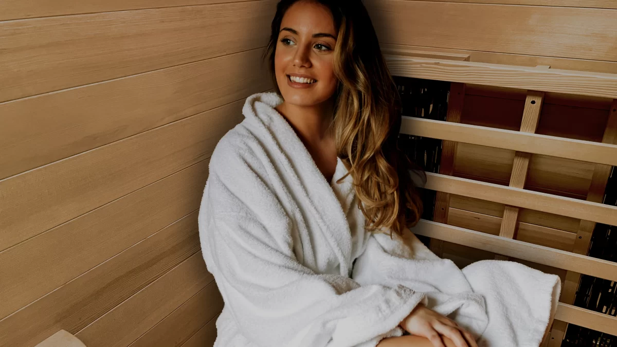 woman in Transcend TR2 hemlock infrared sauna
