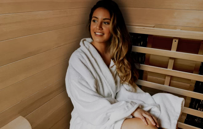 woman in Transcend TR2 hemlock infrared sauna