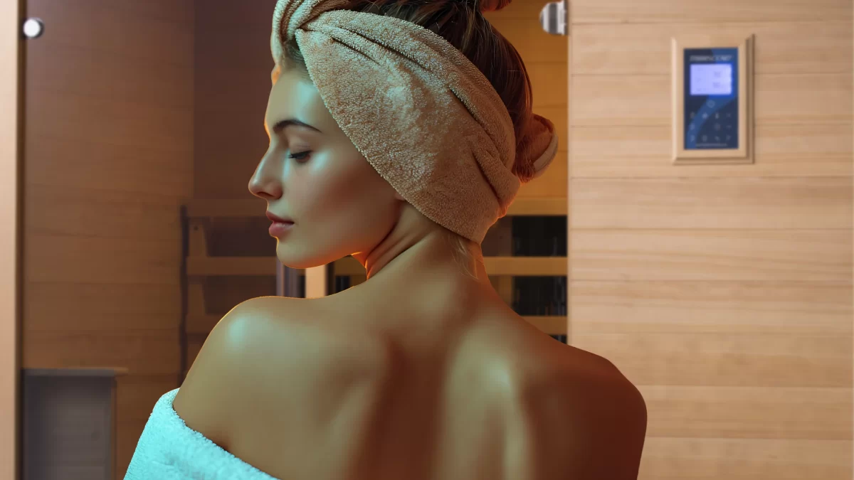 Woman in front of the Transcend Sauna