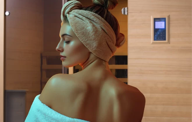 Woman in front of the Transcend Sauna