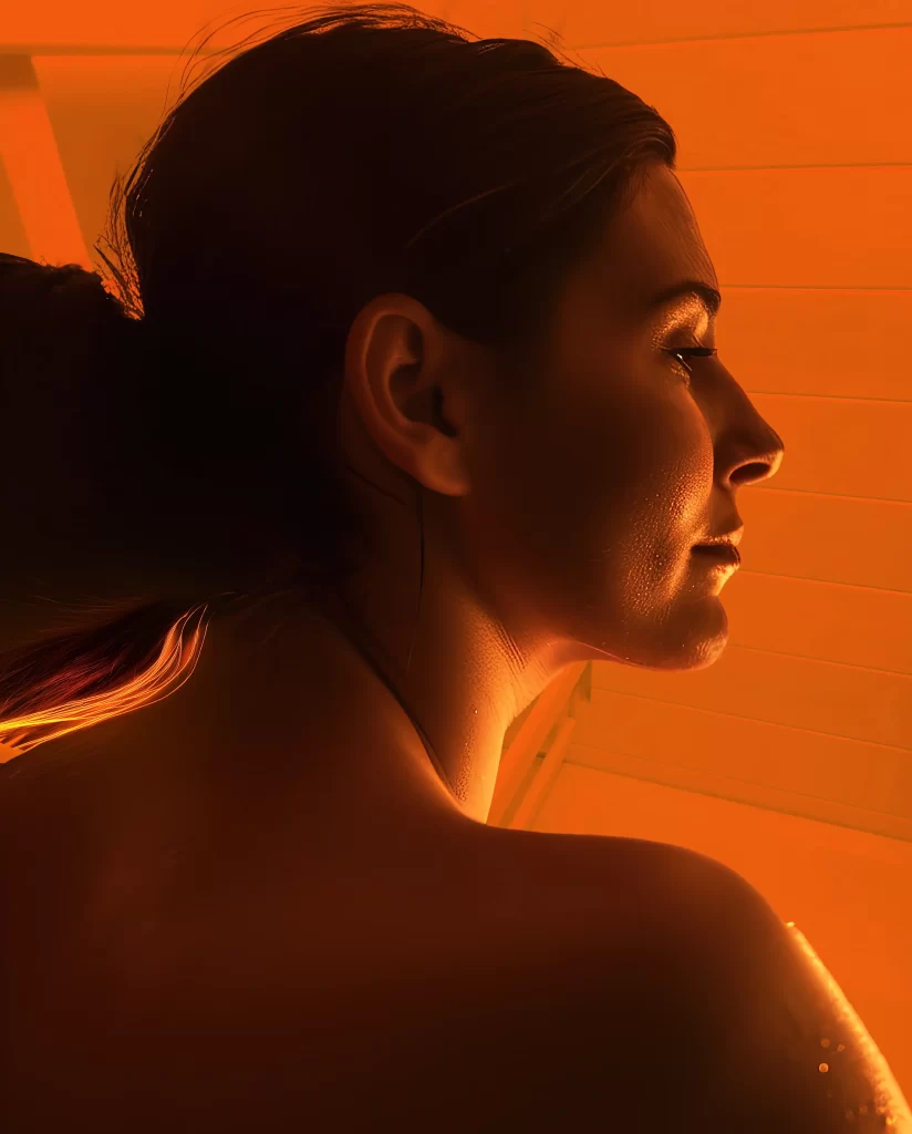Woman in TRS Infrared Sauna with Orange Light