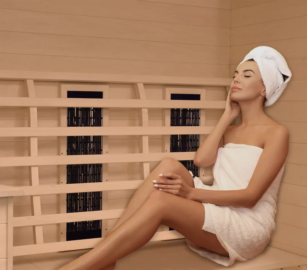 Woman relaxing in TRS-3 3 Person Infrared Smart Sauna