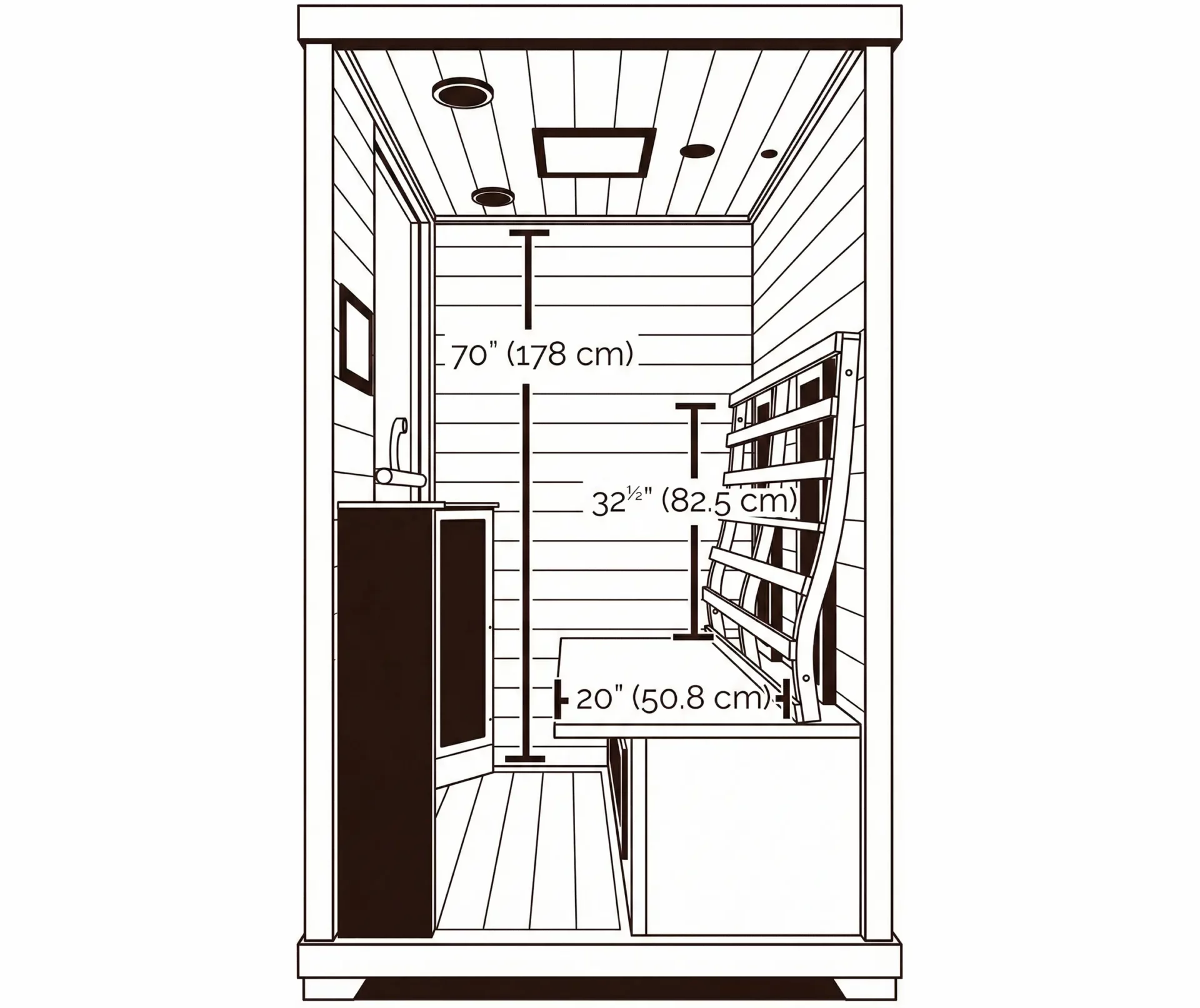 Transcend TR-2 two-person infrared sauna front cross-section — 70 inches interior height, 32½ inch bench