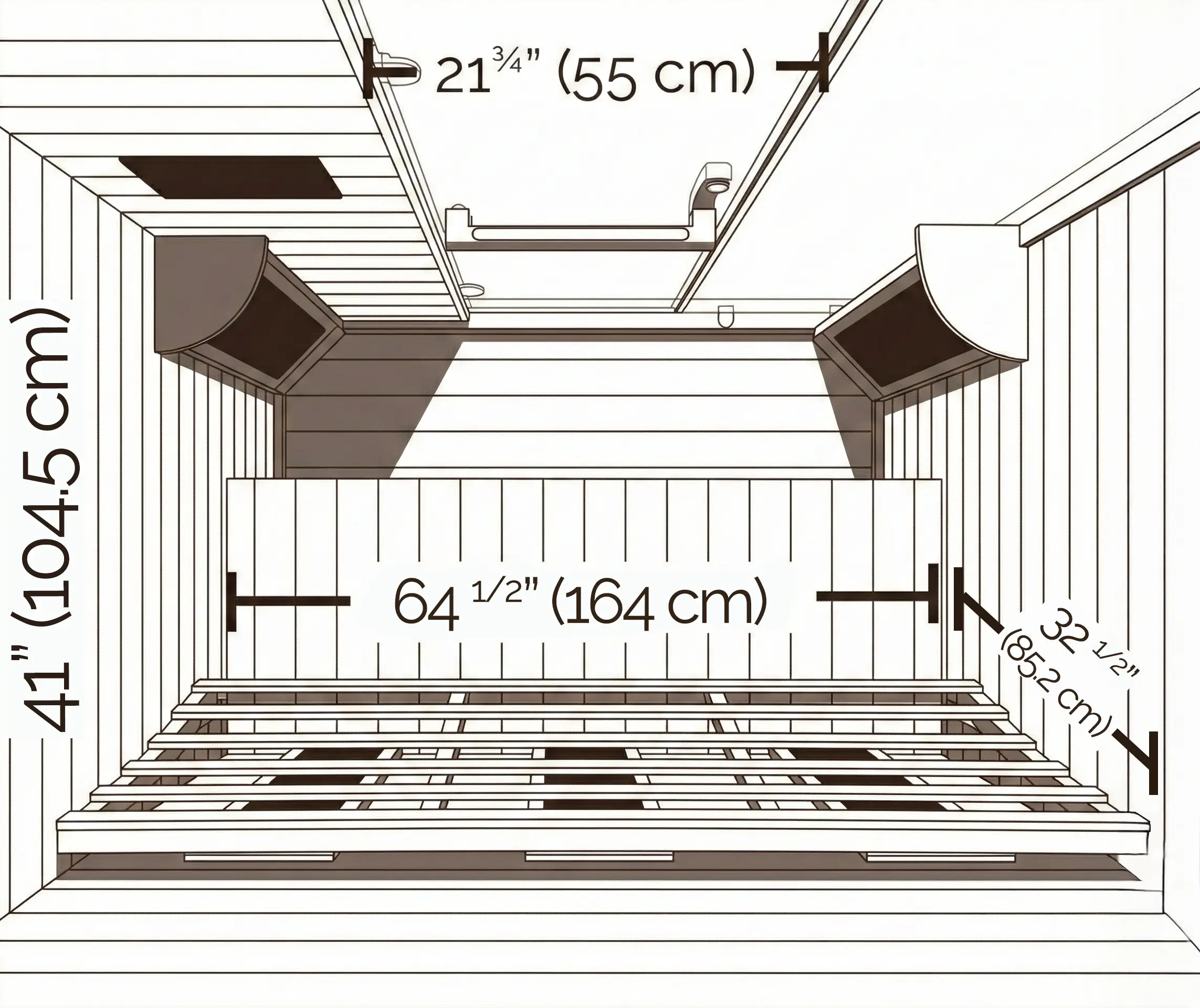 Transcend TR-3 three-person infrared sauna interior top-down view — 64½ inches wide, 41 inches deep