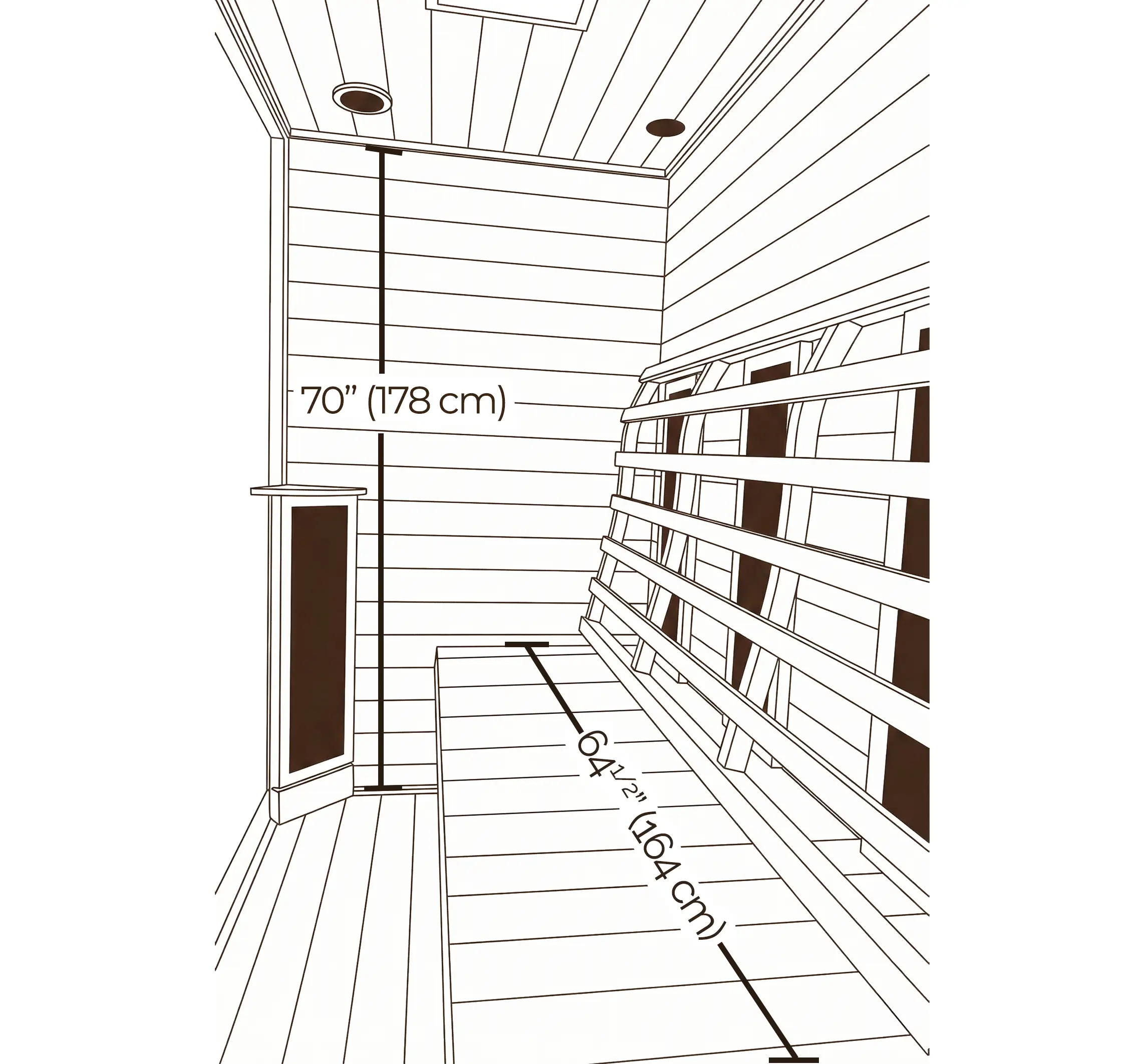 Transcend TR-3 three-person infrared sauna front cross-section — 70 inches interior height, 32½ inch bench