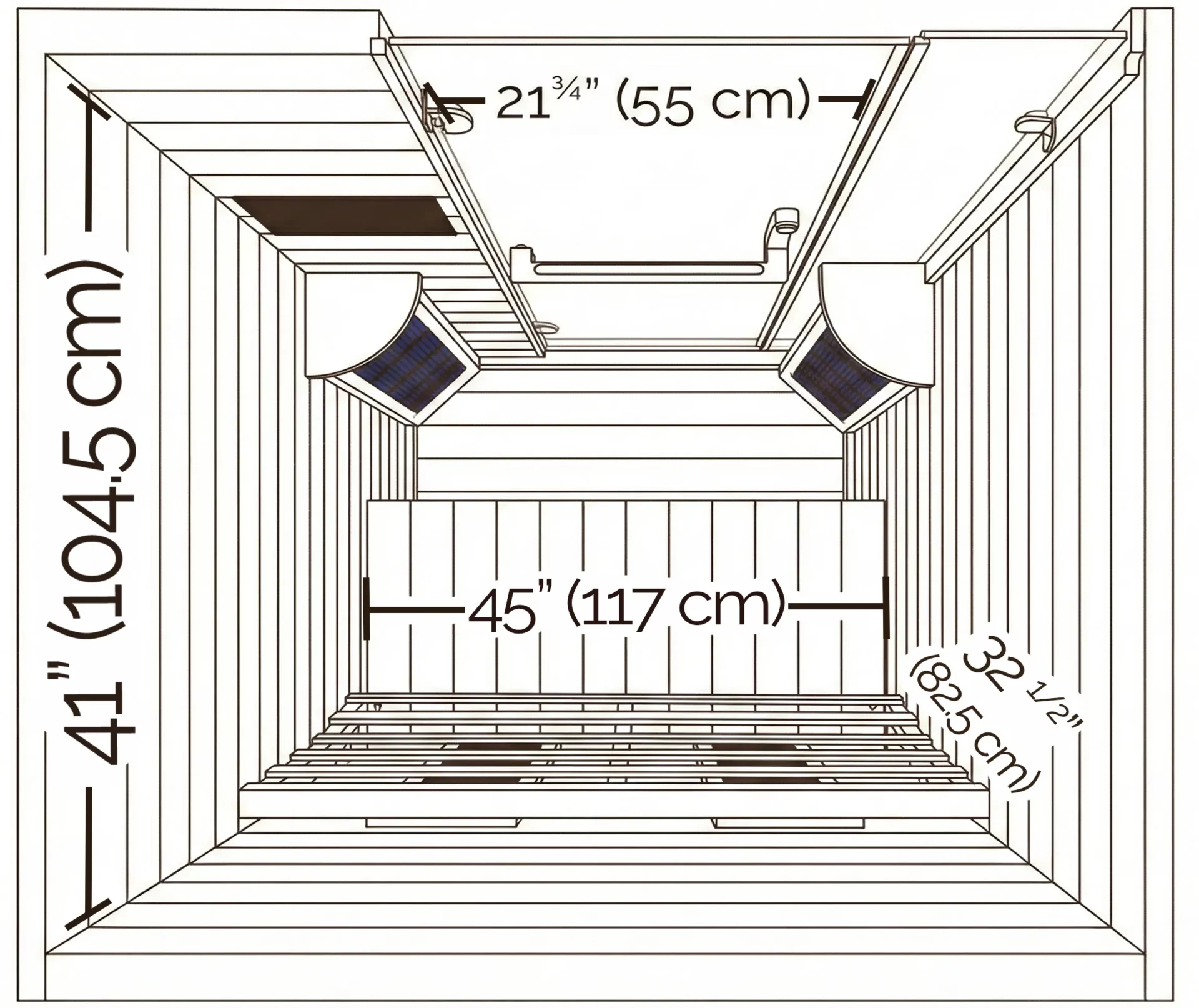 Transcend TR-2 two-person infrared sauna interior top-down view — 45 inches wide, 41 inches deep
