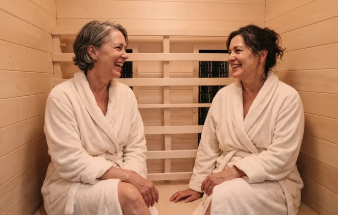 2 women enjoying the Transcend Infrared Sauna