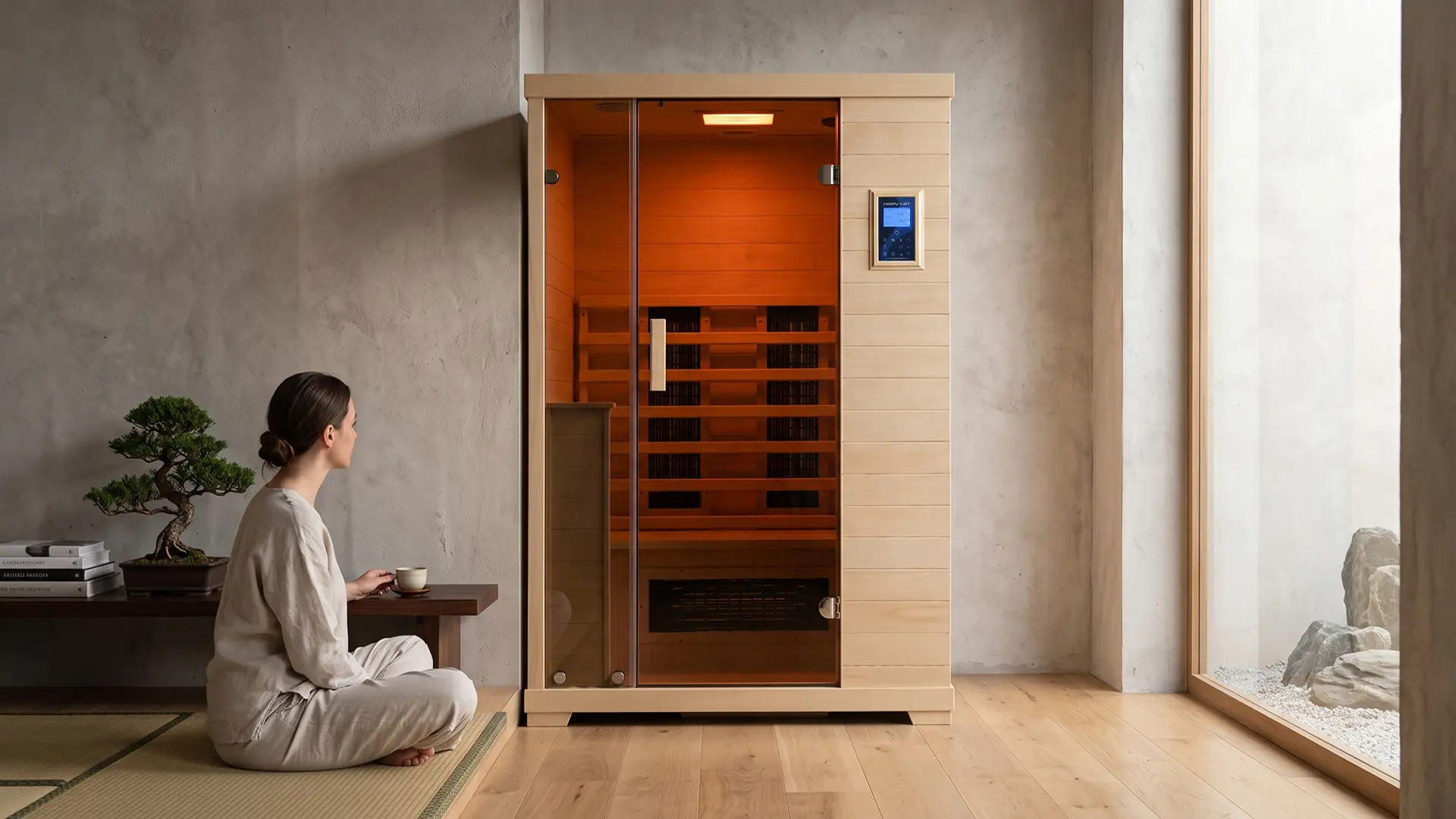TR2 Infrared Sauna in a zen inspired tea room