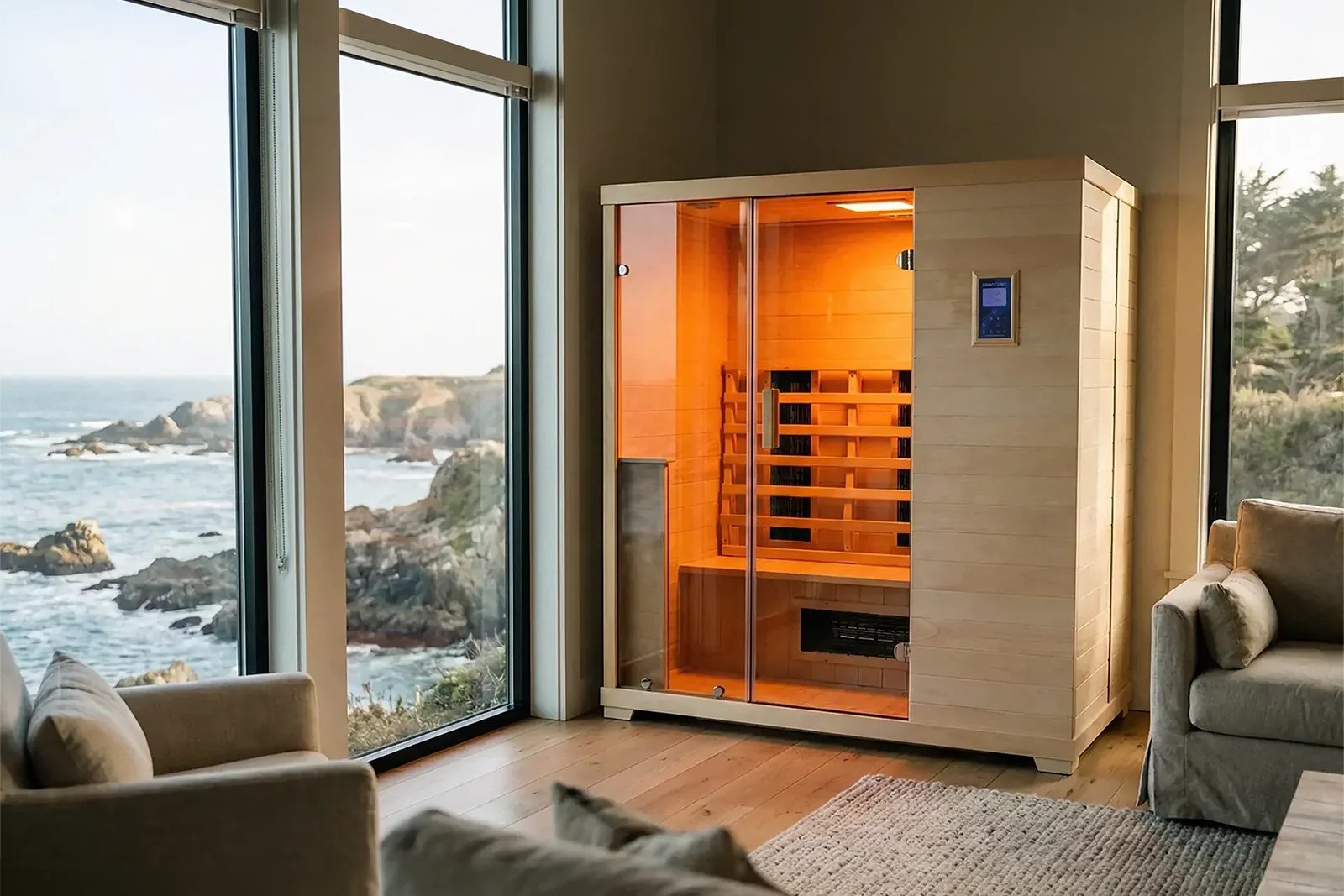 A TR-3 Infrared Sauna against a carved wood panel