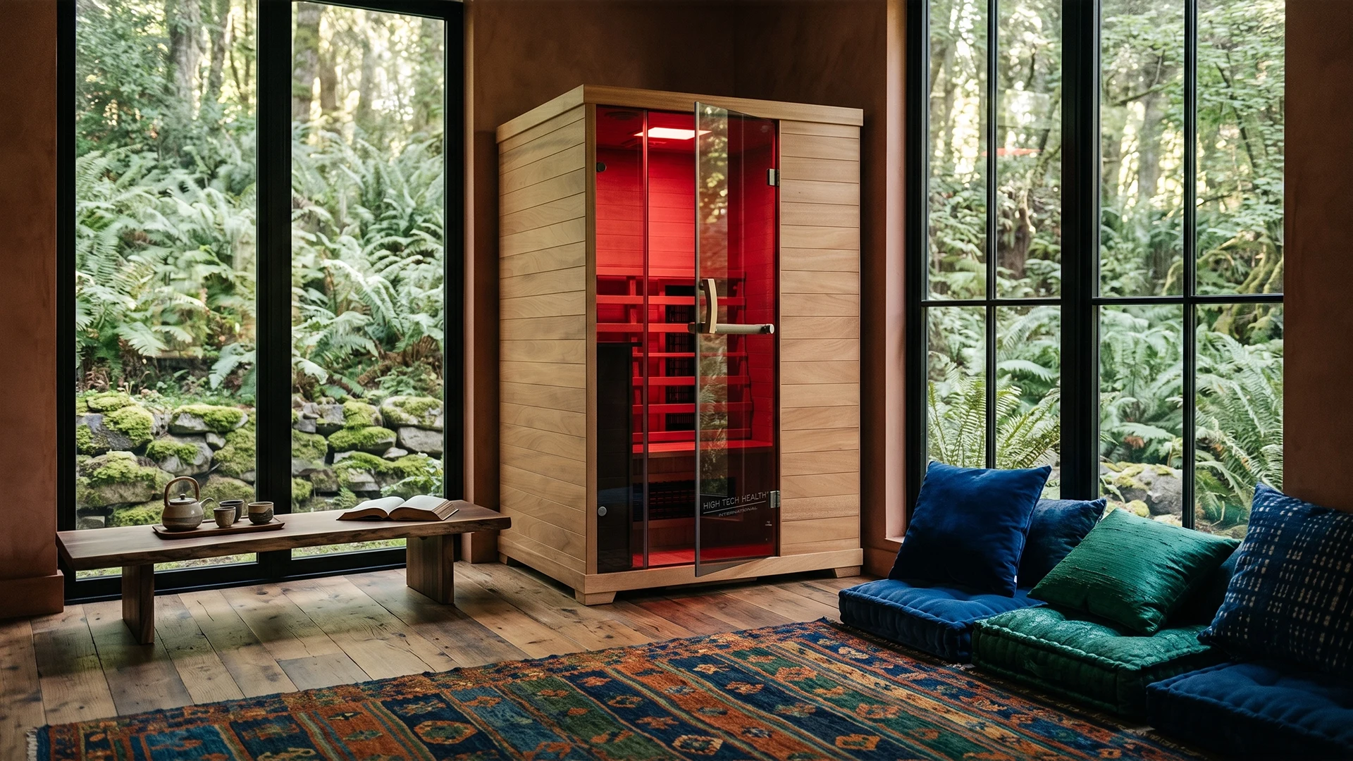 Two-person Smart Sauna in okoume wood.