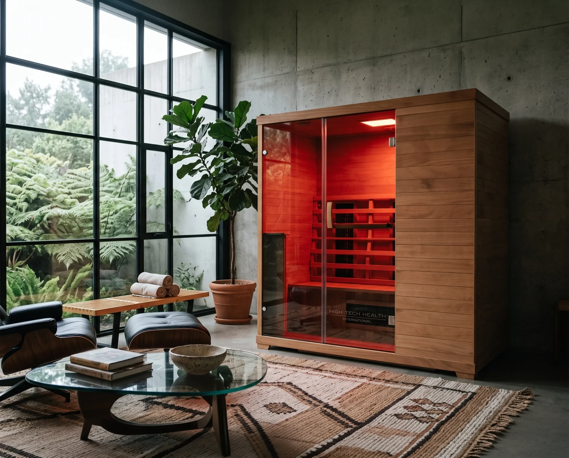 Three-person Smart Sauna in okoume wood.